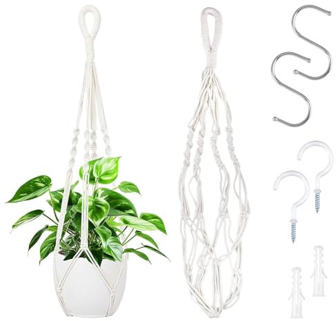 2 Pièces Macramé Support Pots pour Fleur, Suspension Plante Macramé Plante Suspension, Panier en Corde de Coton à Suspendre de Fleurs en Macramé pour Intérieur, Extérieur, Jardin, Balcon, Patio