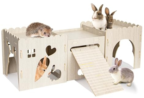 Bunny Castle, Bunny House, Wooden Rabbit Hideout, Sturdy Rabbit House, Wooden Playhouse for Hedgehog Hideout, Bunny Supplies (3 Houses)
