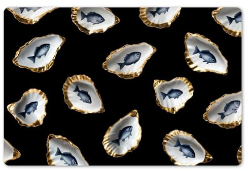 KitchenYeah© Set de 6 Manteles Individuales Plástico 45x30 cm Antimanchas y Antideslizantes Tapete Mesa Comedor Salvamantel Individual PVC Ostras - Pescado - Azul - Dorado