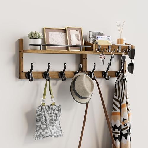 Segtenant 29 inch Coat Rack Wall Mount with Shelf, Entryway Wall Shelf with Hooks, Heavy Duty Coat Hanger Wall Mount with Key Holders and Mail Organizer for Living Room, Bedroom, Brown