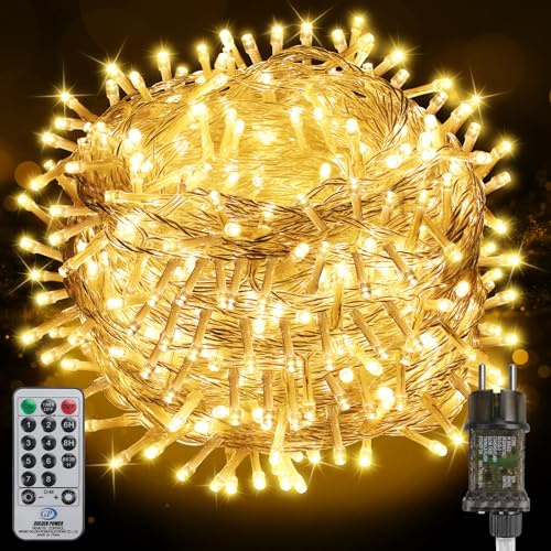 FairyGlim Catena di luci natalizie con telecomando, 50 m, 500 LED, impermeabile, per esterni, 8 modalità, ideale per giardini, feste, terrazze e balconi, decorazione festiva (bianco caldo)