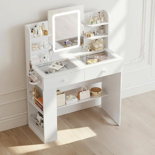 Claiks Coiffeuse avec Miroir éclairé par LED, 90 x 40 x 125 cm, Luminosité Réglable et 3 Couleurs de Lumière, Coiffeuse avec Plateau en Verre Transparent, 2 Tiroirs et 4 étagères de Rangement, Blanc