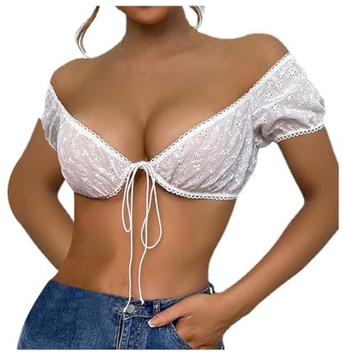 2025 Dirndl Blouse Women's Beer Festival Solid Color Hollow Out Crop Top with Shoulder Cut Outs and Lace Up Bustier (White, L)