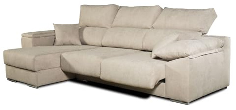 Matris Sofá Chaise Longue Corsa Moderno y Contemporáneo con Asientos Deslizantes y Respaldos Reclinables, Tela Antimanchas Aqualine, Arcón de Almacenaje, Hecho en España, Beige Izquierda