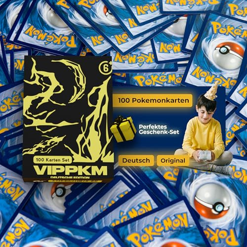 Juego de cartas de Pokemon original con 100 cartas de Pokémon diferentes en alemán, juego de cartas coleccionables con holo + caja, compatible con cartas de Pokemon Gold originales