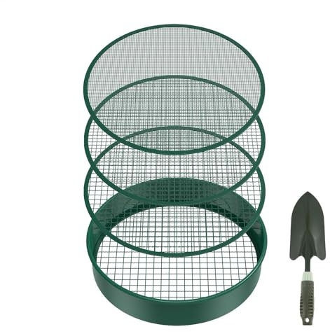 Tamiz de suelo – Tamiz de jardín de metal para compost y arena | Colador de malla de 4 filtros con pala | Ideal para uso en invernadero y tierras agrícolas - Perfecto para entusiastas de la jardinería