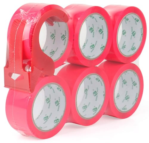 BOMEI PACK 6 Rolls Coloured Boxes Packing Tape Peach Pink 48mm x 66m Sticky Heavy Duty Moving Shipping Carton Sealing Tape with 1 Dispenser