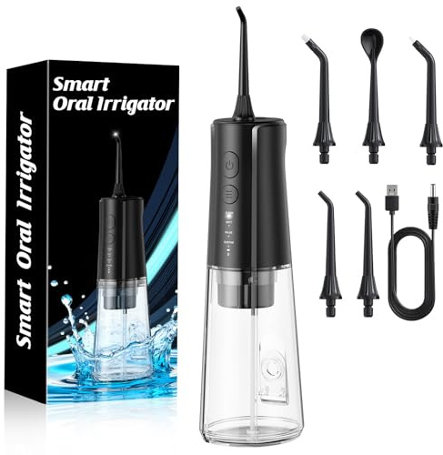 Jet Dentaire Hydropulseur Portable DIY, Hydropulseurs et Irrigateurs 5 Modes et 3 Intensités, Réservoir 300ML et Base Amovible, USB Chargé, Étanche IPX7, Sans BPA, Silencieux (Noir-01)