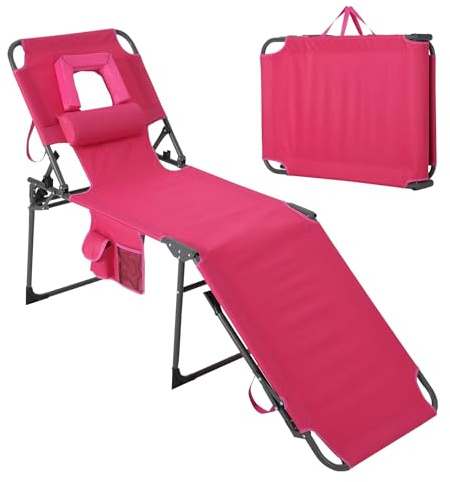 MilleLoom Tanning Chair with Face Hole Folding Beach Lounge Chair,5-Position Adjustable Backrest, Pillow & Side Pocket,Portable Face Down Chaise Lounge for Outdoor Backyard Poolside,Beach, Patio,Pink