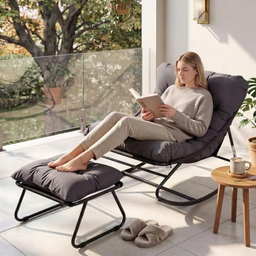 Aoxun Outdoor Rocking Chair with Ottmans, Cozy Papasan Rocking Chair with Thick Cushion, 160kg Capacity Indoor Outdoor Cozy Rocker for Balcony, Living Room, Patio Grey