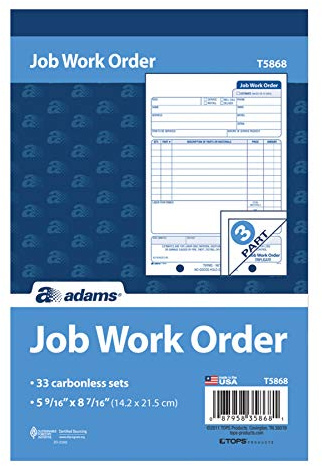 Adams Job Work Order Book, 3-Part Carbonless, White/Canary/White, 5-9/16 x 8-7/16 Inches, 33 Sets (T5868)