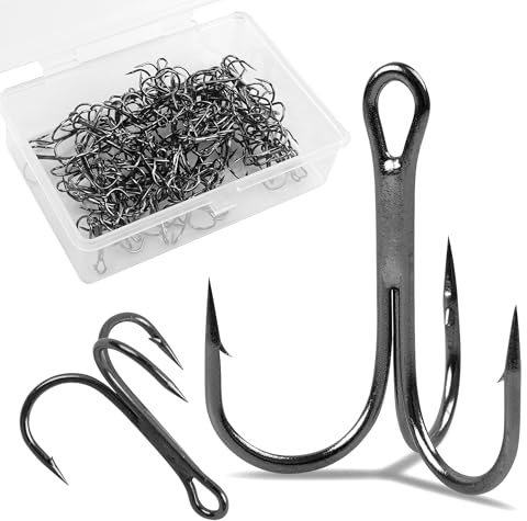 Treble Fishing Hooks,100pcs High Carbon Steel Sharp Triple Hook Strong Round Bend Treble Hooks Barbed Hard Lure Spoon Fish Hook for Bass Trout Freshwater Saltwater Fishing,Size: 2#-14# (10#_100pcs)