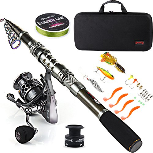 Sougayilang, Teleskopangel/Angelrolle, Kohlefaser-Angelrute/Spinnrollen/Angelzubehör, ideal für Reisen, zum Angeln in Salzwasser und Süßwasser, Fishing Full Kits with Carrier Case, 2.4M/7.87FT