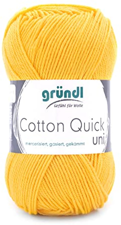 Gründl Wolle Cotton Quick uni - dünne Wolle zum Häkeln - Strickgarn - Häkelgarn - Glänzend und hautfreundlich - 100 % Baumwolle - 1 Knäuel 50 g / 125 m - Nadelstärke 3 - 4 - Maisgelb