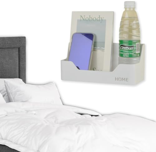 OKOMATCH Bedside Shelf - Stick On Wall Mounted Bed Room,Dorm,Office Adhesive Floating Caddy Organizer/Holder for Glasses,Remote Control,Keys,Pens - Plastic Material- White(Type C£©