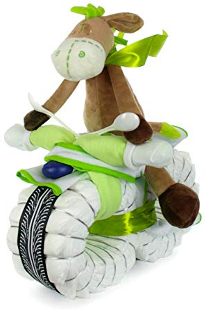 Gâteau de couches moto vert Rockstar avec conducteur âne | 45 pièces – Cadeau de naissance neutre | Moto de couches 45 cm
