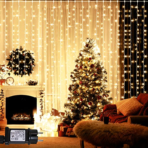 ANSIO Luces De Navidad 304 LED Cortina Luces 3mx3m, Con 8 Modes Alimentado Por Red Para Ventana/Hogar/Boda/Fiesta/Decoración Navideña Blanco Cálido