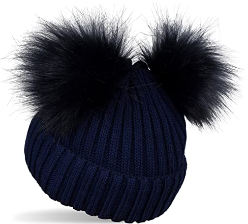 styleBREAKER Kinder Strick Bommelmütze mit 2 Kunstfellbommel und Fleece Futter, Winter Mütze, Strickmütze, 2-5 Jahre 04024203, Farbe:Dunkelblau