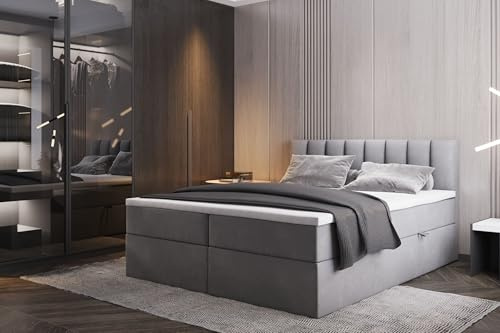 TRADA Boxspringbett mit Bettkästen und Bonell Matratze H3 - Elegant Bett Palermo mit Matratze und Topper - Grau - 200 x 200 cm