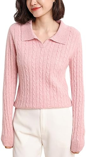 DISSA Pull Femme Col Revers Manches Longues Cachemire Laine,EU 38-46 | Superposition bureau,maille torsadée épaisse,col revers,surface structurée,poignets côtelés,moelleuse,fil respirant,ample