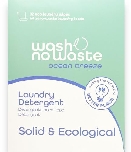Wash no Waste - Tiras de Detergente para lavadora (64 lavados). Hipoalergénico y Biodegradable. Efecto suavizante. Gran poder de limpieza. Vegano y Cruelty Free. Libre de plásticos. … (Ocean Breeze)