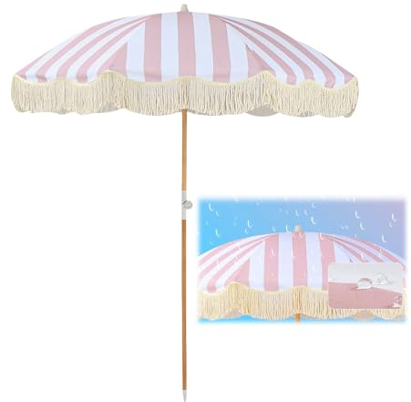 Elyrthriumc Hawaiischirm Strandschirm Sonnenschutz 200cm Sonnenschirm Strand Windfest Gartenschirm Groß Mit Fransen Rosa Gestreifte Terrassenschirm Tragbarer Fransen Schirm Neigbar Stabil UV 50+