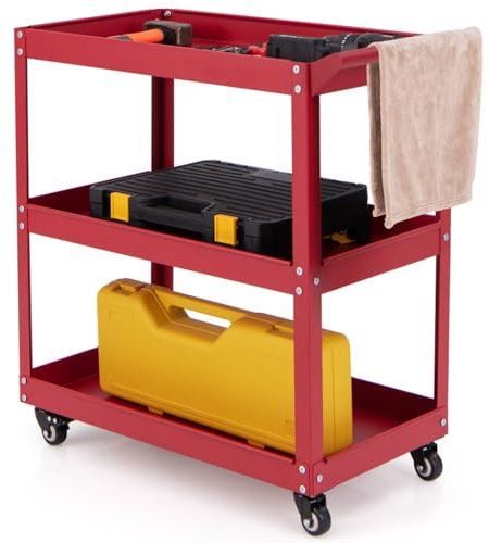 TANGZON 3-Tier Tool Cart on Wheels, Heavy Duty Utility Garage Serving Trolley with Convenient Handle & 2 Lockable Casters, Multi-purpose Rolling Organizer Cart(Red)