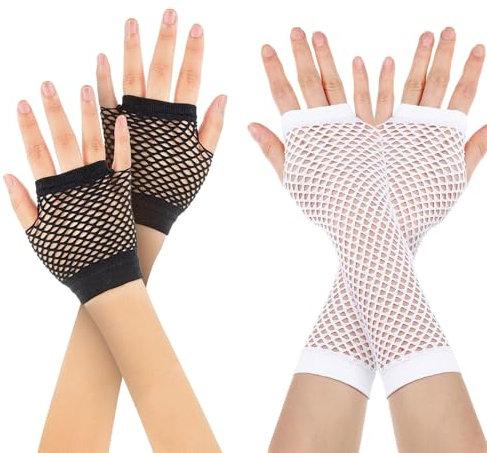 Kisstta 2 Paar Lange und Kurze Netzhandschuhe, Fingerlose Netzhandschuhe, Netz Mesh Handschuhe, Netzhandschuhe für Kostüm Zubehör Partyzubehör(Schwarz Und Weiß)
