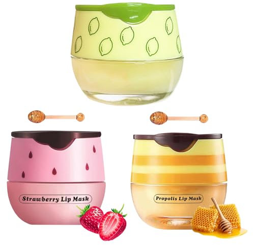 3PCS Honey Lip Balm,Bee Honeybalm,Bee Balm,Honey Balm Uk Lip,Pot Lip Balm Lip Mask, Moisture & Repair Exfoliator with 2 Lip Brush (Honey+Strawberry+Lemon)