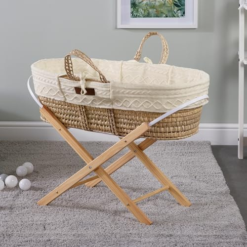 Kinder Valley White Knitted Moses Basket with Natural Folding Stand, Fibre Mattress & Padded Liner