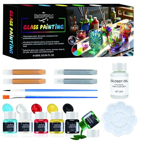 ROFPM Glass Paints for Painting, Glass Painting Kit, Stained Paint, Kits for Adults, Stained Paint for Crystal, Window and Wine, Bright Colors, Strong Covering
