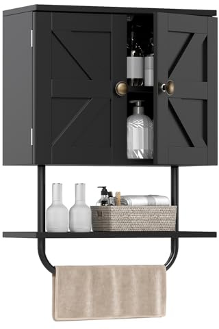 COSTWAY Bathroom Wall Cabinet, Wooden Storage Cupboard with Double Door, Open Shelf & Towel Rack, Wall Mounted Medicine Cabinet Organizer Unit for Kitchen, Living Room and Hallway (Black)