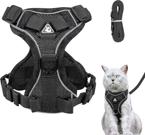 Justerbar kattsele som är rymningssäker, set med koppel, mjuk bröstsele för katter, kattungar, hundar, valpar, svart, XS