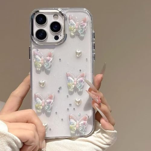 XCuihulle glitterfodral för iPhone 17 pro transparent hanyfodral 3D diamanter fjärilar pärlor design skyddande skal silikon glänsande mobilväska aesthetic kvinnor flickor stötsäkert fodral rosa