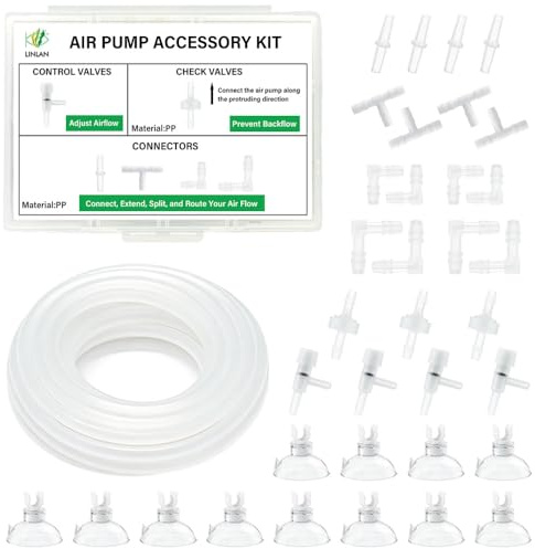 LINLAN Tubo dell'Aria in Silicone 5M 4/6 mm,con Scatola Portaoggetti Fai da Te, Kit Accessori per Pompa Aria Acquario, 3 Valvole di Non Ritorno, 4 Valvole di Controllo, 16 Connettori, 12 Ventose