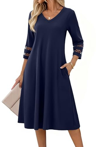 Zeagoo Vestido de Verano para Mujer Manga 3/4 Elegante Cuello V Vestidos | Midi Vestido con Encaje |Túnica A-Línea Vestido con Bolsillos |Casual Blusa Vestido|Color Sólido|Primavera Verano|S-XXL