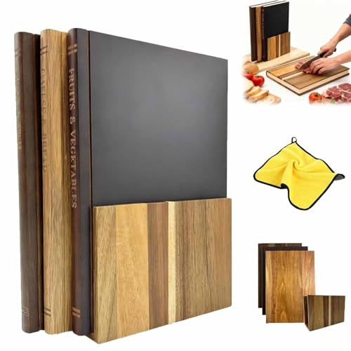 Set di 3 taglieri in legno massiccio a forma di libro con supporto, per frutta, verdura e carne