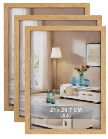 BH | A4 Photo Frames Set of 3 | 21 x 29.7cm Natural Oak Wooden Frame | Picture Frames for Tabletop and Wall Mounting | Vertical & Horizontal Display for Living Room, Bedroom & Office - by Best House