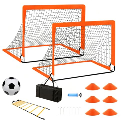 2 Pezzi Porta Calcio Adulti con Pallone, Pompa, Coni e Borsa Trasporto, Porte da Calcio Pieghevole per Giardino, Set Rete Calcio Portatile per Allenamento Casa, Cortile, Spiaggia, Indoor e Outdoor