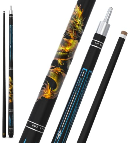 Cue-King Dragon Pool Cue, Solid Wood and Fibreglass, Stainless Steel Unilock Joint, Premium Grip, Golden Dragon Design, with Cue Case and Extension (10.5mm)