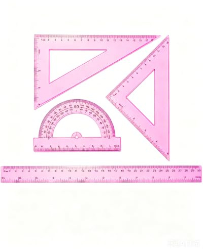 KACZUS Kit de Géométrie 4 Pièces : Règle 30cm, Équerres & Rapporteur Rose Transparent – Fournitures Scolaires Incasables pour Tracé Précis en Classe