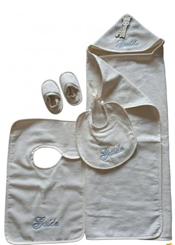Asciugamano Accappatoio Poncho con cappuccio neonati in spugna Colore Ecru PERSONALIZZATO 1 paio ciabattine e 2 bavaglie IDEA REGALO NASCITA Ciondolo in legno personalizzato OMAGGIO
