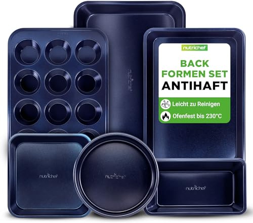 Nutrichef bandejas horno, Set de 6, Incluye: bandejas para galletas, Para asar, Molde para magdalenas, Pan y pasteles, Mangos de silicona, Apilables, Acero al carbono resistente, Antiadherente