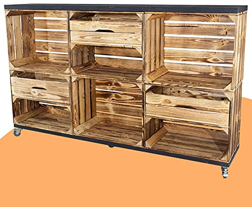 Vintage Möbel 24 GmbH Kommode aus Kisten und Bohlenbrettern auf Rollen, Regal, Raumtrenner in verschiedenen Größen (150x93x30cm mit 3 Schubladen)
