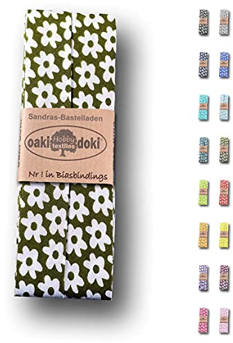 Sandras-Bastelladen Schrägband/Einfassband Baumwolle gefalzt 3m x 20mm - Blumen Muster 3008-Grün-Weiß