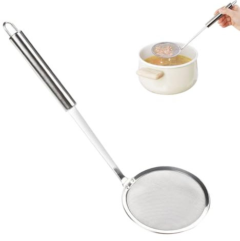 10cm Schiumarola in Acciaio Inox,Colino Fritto con Manico,Setaccio Maglia Fine,Schiumarola a Ragno per Fritti,Cucchiaio e Schiumarola,Lavabile in Lavastoviglie,per Filtrare Grasso, Schiuma, Residui