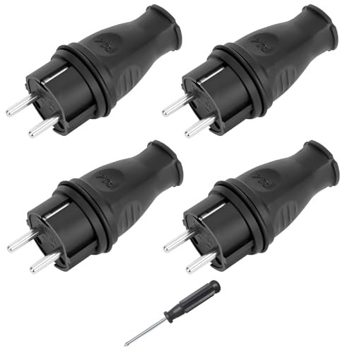 4 Pièces Fiches de Rechange, Fiche Electrique 250V 16A, Protection IP44, Électriques Male Schuko Standard, Fiche Prise Electrique Male Noire pour Câble Intérieur et Extérieur, Tournevis Inclus