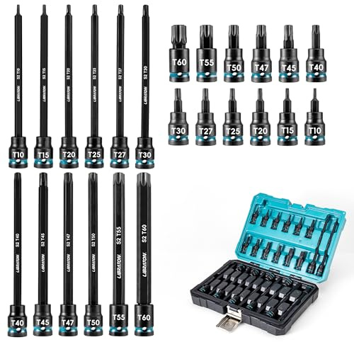 LIBRATON Juego de Llaves de Vaso de Impacto con Puntas Torx de 3/8, Llaves de Vaso Extralargos, Acero S2, Juego de 24 de Vasos de Impacto Torx, T10-T60, Puntas de Largo de 2in&6in, con Caja