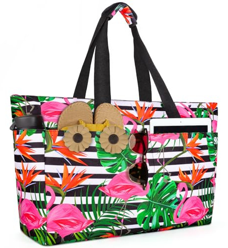 ISEYOU Bolsa Playa, Bolso Playa Mujer Impermeable Con Cremallera 45L, Bolsas Grandes XXL Familiar con 8 bolsillos Plegable Para Viajes, Picnic, Vacaciones