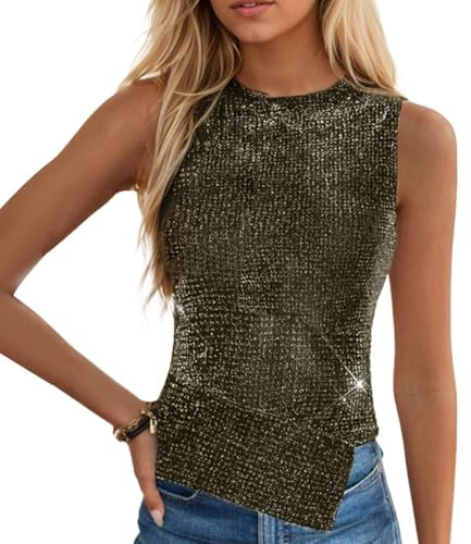 EMOTTOS Damen Y2K Glitzer Tanktops Rundhalsausschnitt, Sexy Slim Fit Weste Trägertop Glitzer-Mikro-Bouncy Stoff Vest, Unregelmäßige Ärmellose Leichtes Dehnbares Party Top Sommer Oberteil, Gold, L